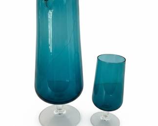 MidCentury Modern Teal Blue Glass Pitcher and Tumbler Set Possibly Empoli