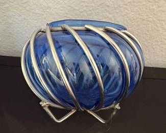 Vintage Cobalt Blue Glass Bowl in Wrought Iron Cage second image