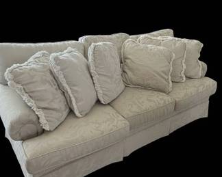 Traditional Beige Damask Sofa with Fringe Trim and Rolled Arms second image