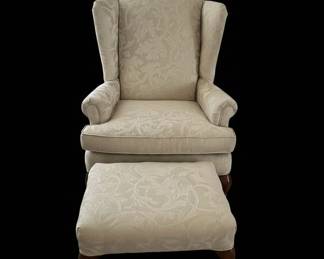 Traditional Damask Wingback Chair and Ottoman Set