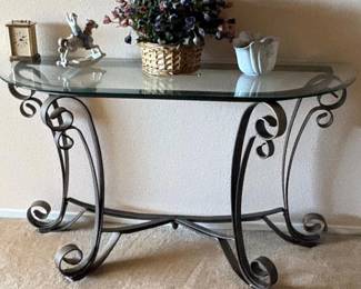 Hollywood Regency Iron Cabriole Leg Glass Top DemiLune Table