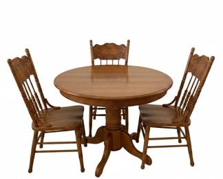 Vintage Oak Round Pedestal Dining Set with Pressed Back Chairs