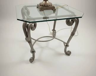 Vintage Hollywood Regency Style Wrought Iron and Glass End Table