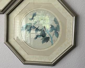 Vintage AsianStyle Peony Floral Print in Octagonal Frame Signed