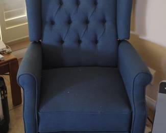 Blue Tufted Wingback PushBack Recliner with Rolled Arms and Turned Legs