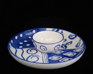 HandPainted Blue and White Ceramic Chip and Dip Set Dansk Arabesque Style