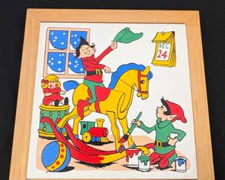 Vintage Christmas Elf and Rocking Horse Ceramic Tile Trivet