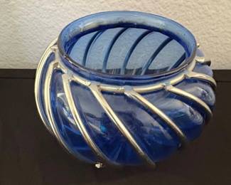 Vintage Cobalt Blue Glass Bowl in Wrought Iron Cage