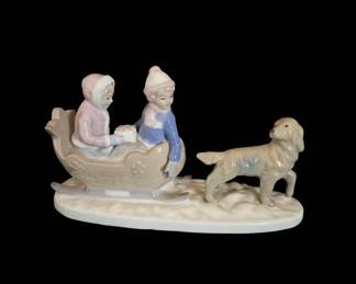 Paul Sebastian or Meico Porcelain Sleigh Ride Figurine with Golden Retriever