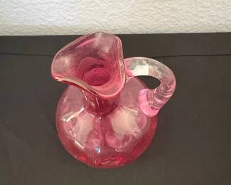 Vintage Cranberry Glass Cruet with Clear Glass Stopper and Applied Handle third image