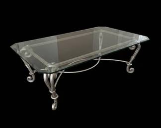 Vintage Wrought Iron and Glass Coffee Table with Scrollwork Base fourth image