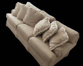 Traditional Beige Damask Sofa with Fringe Trim and Rolled Arms
