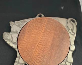 Vintage Cast Iron Pig Trivet with Wood Insert