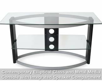 Contemporary Elliptical Glass and Metal Media Console with Integrated Speaker Compartment