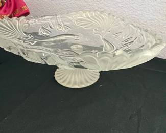 Vintage Frosted Glass Peacock Motif Pedestal Bowl second image