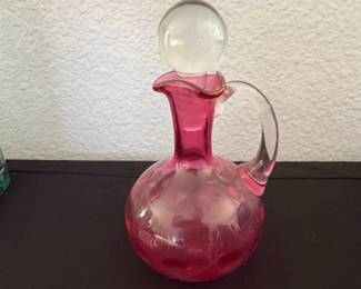 Vintage Cranberry Glass Cruet with Clear Glass Stopper and Applied Handle second image