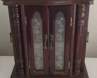 Vintage Wooden Jewelry Armoire with Etched Floral Glass Doors