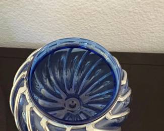 Vintage Cobalt Blue Glass Bowl in Wrought Iron Cage third image