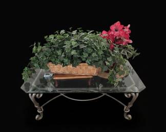 Vintage Wrought Iron and Glass Coffee Table with Scrollwork Base