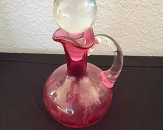 Vintage Cranberry Glass Cruet with Clear Glass Stopper and Applied Handle