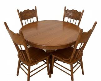 Vintage Oak Round Pedestal Dining Set with Pressed Back Chairs third image