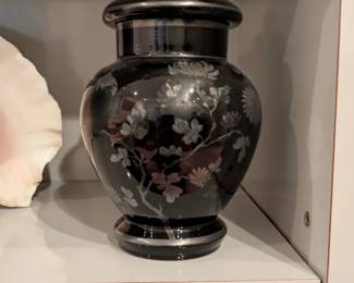  vintage Czechoslovakian black amethyst glass lidded urn featuring hand-painted silver floral