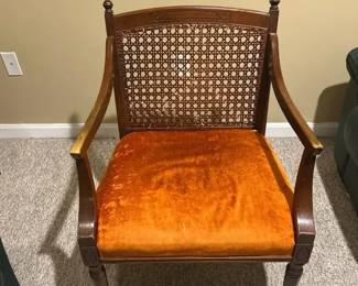 Vintage Cane Back Armchair Orange Velvet, Wood Statesville Chair Company