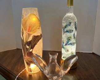 Lighted Lily Vase, Peacock Feather Bottle Globe, and Bird Candleholder
