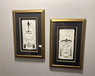 Framed Cast Paper African Mask Wall Art Set, Signed Black Gold