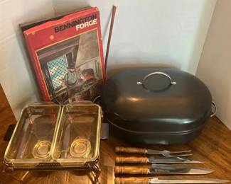 Vintage Anchor Hocking Buffet Serving Set, 18 Roaster, and Bennington Forge Knives
