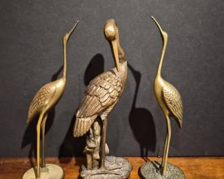 3 Solid Brass Heron Statues