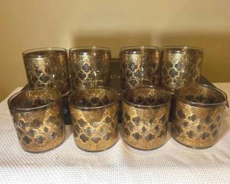 Vintage Culver Valencia 22K Gold Green Rocks Glasses 8 MCM Barware