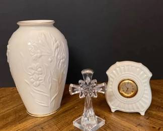 Vintage Lenox 3Piece Lot Masterpiece Iris Vase, Fluted Desk Clock Crystal Cross