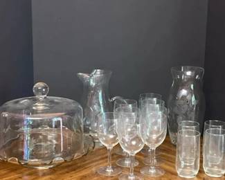 Etched Glassware Lot Pitchers Glassware Covered Cake Plate