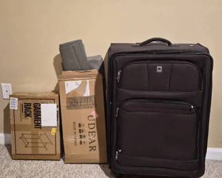 Clothing Accessories Lot Garment Rack, Shoe Rack, Suitcase