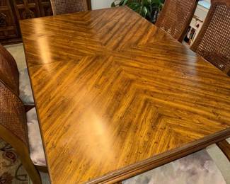Vintage 7Piece Wood Dining Room Set Table with 6 Cane Back Chairs 2 Arm Chairs