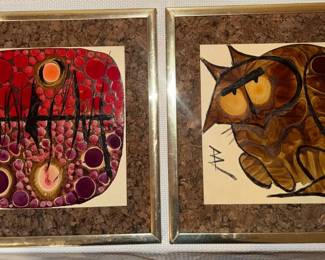 Vintage Handmade Framed Cork Art Wall Decor Set Owl Abstract Mid Century Modern