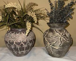 Set of 2 Rustic Decorative Ceramic Vases w Faux Greenery Coastal Farmhouse Home Decor