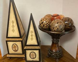 Tuscan Tropical Home Decor Pair of Palm Tree Obelisks Decorative Sphere Bowl