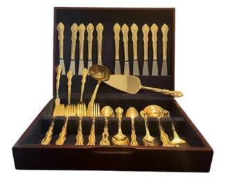 Gold Tone Flatware Lot 79 Pieces w Wooden Storage Box