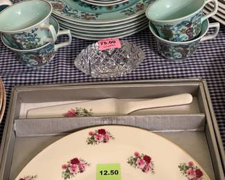 Cake Plate and Server Also 16 Pieces of “Saraband” by Adams in England Calyx Ware Jade Green/Blue Ironstone