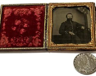 Civil War c. 1861 Union Officer Sitting in Uniform Holding Hat w/ Tinted Cheeks and Uniform 1/6 Plate Ambrotype Photograph in Full Tooled Leather Case