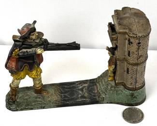 Antique c. 1896 J.E. Stevens William Tell Cast Iron Mechanical Coin Bank w/ Original Paint WORKS
