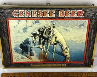 Vintage 1960's Genesee Beer Interchangeable Shadow Box Lighted Advertising Sign w/ "Two Friends" Western Scene WORKS