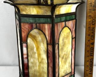 Antique c. 1880 Signed Stained Glass Hanging Electrified Gas Light Fixture