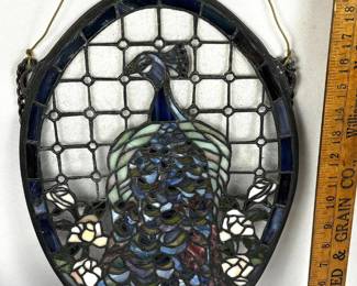 Vintage Signed Meyda Tiffany Peacock Stained Glass Window Hanging