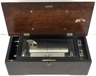 Antique c. 1880 Swiss Cylinder Music Box in Inlaid Rosewood Case WORKS