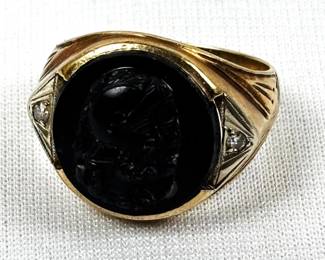 Vintage 10K Gold Ring w/ 2 Diamond Baguettes and Dark Carved Stone Intaglio Centerpiece 7.6g