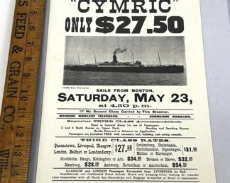 RARE Antique 1908 White Star Line Steamship "Cymric" To Queenstown or Liverpool Only $27.50 Sails From Boston" Broadside Poster