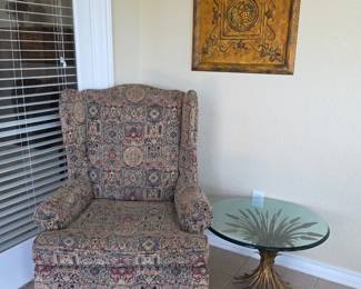 Upholstered wingback with glass top side table